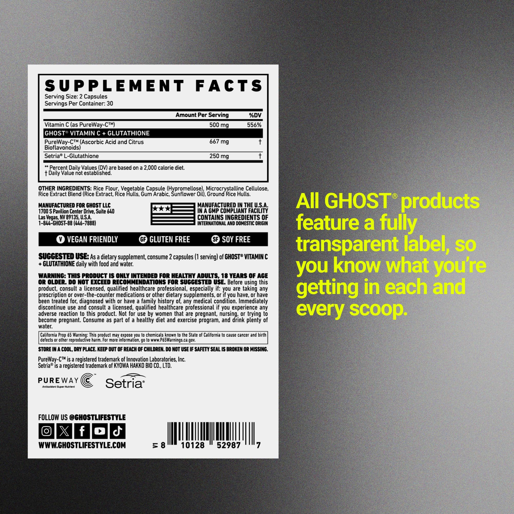 GHOST Basics vegan-friendly, gluten-free, and soy-free icons on label