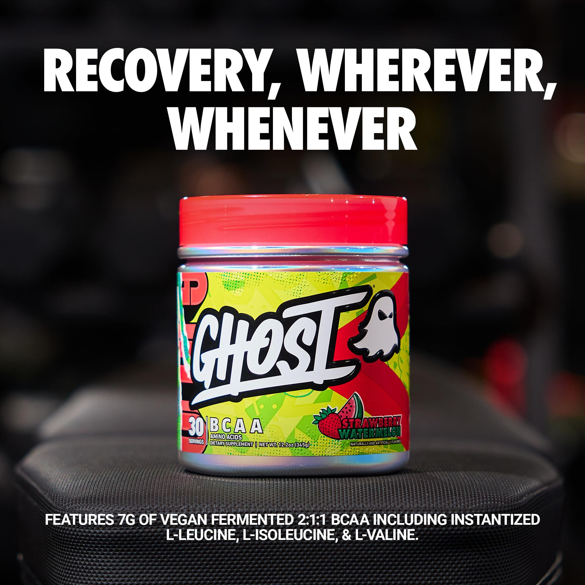 GHOST BCAA Strawberry Watermelon jar close-up with transparent label disclosure