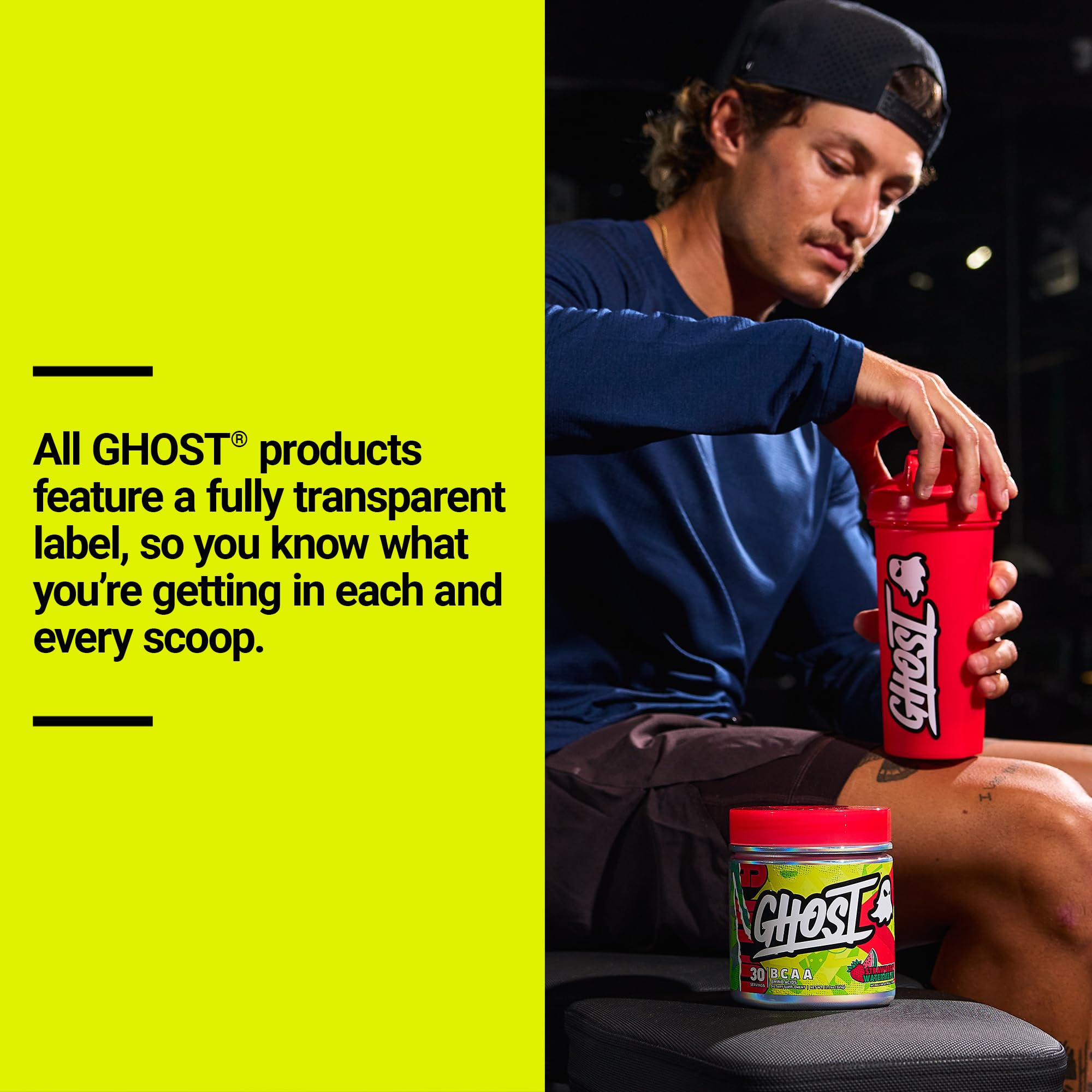 GHOST BCAA label close-up emphasizes full ingredient transparency