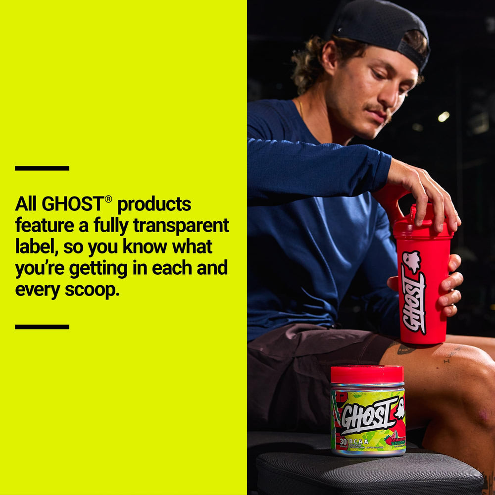 GHOST BCAA label close-up emphasizes full ingredient transparency