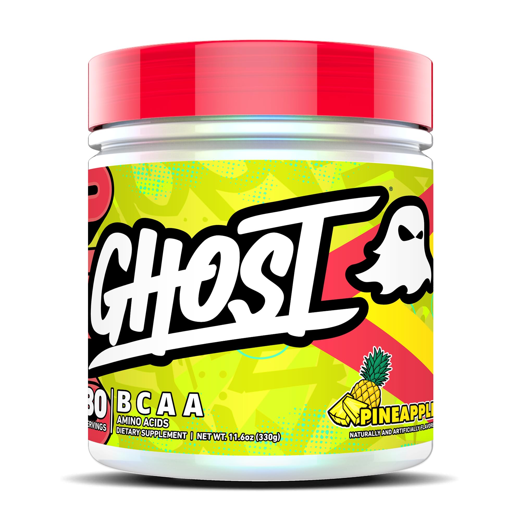 GHOST BCAA Pineapple bottle front shows a transparent label and sugar free, recovery friendly profile
