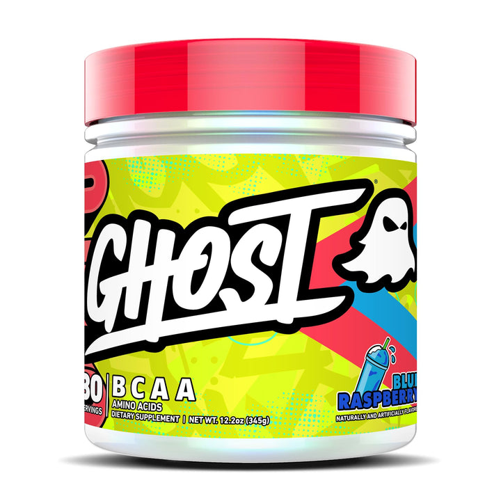 GHOST BCAA Powder Blue Raspberry container with 7G amino blend for workouts