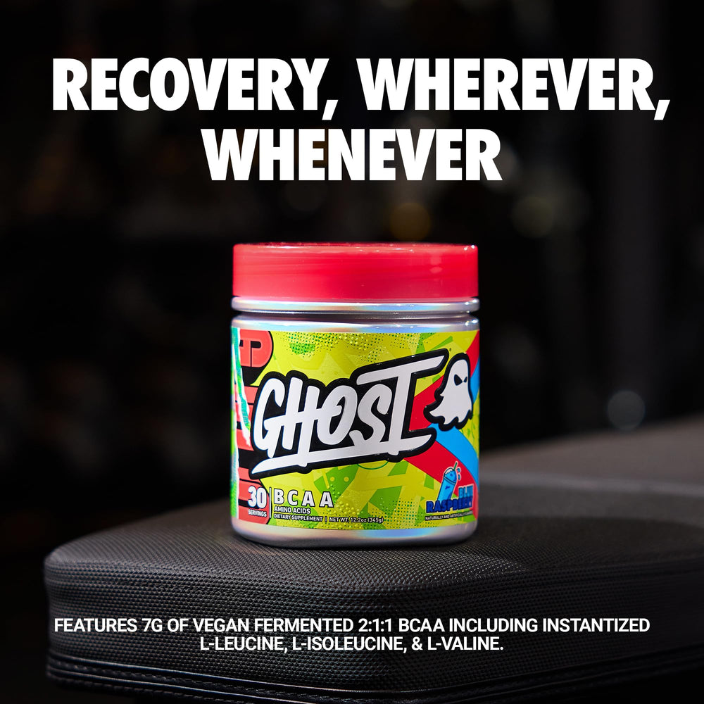GHOST BCAA Blue Raspberry being poured into a shaker for post-workout use