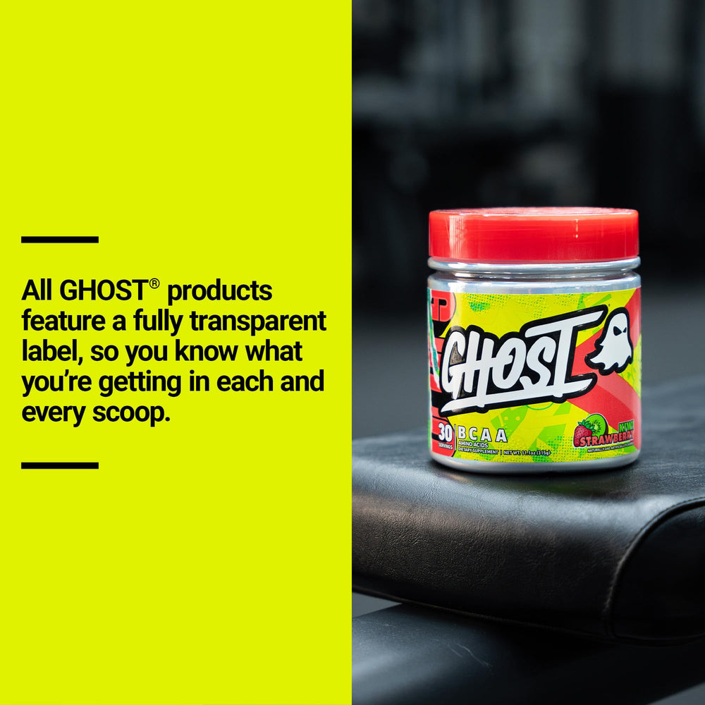 GHOST BCAA bottle in gym setting suggests intra-workout use.