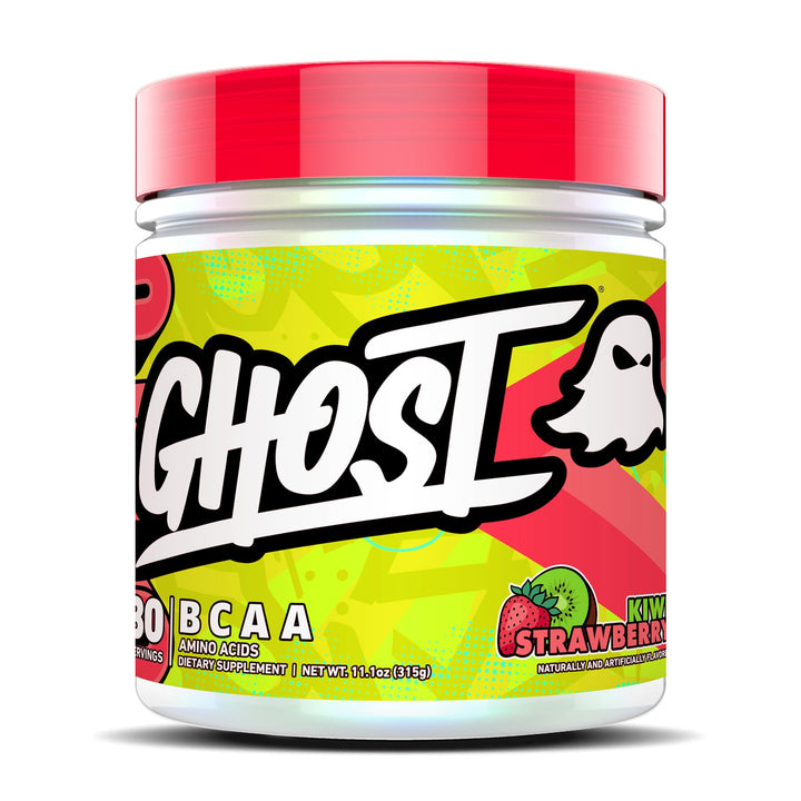 GHOST BCAA Kiwi Strawberry tub shows flavor and ingredients benefits.