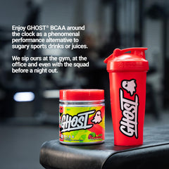 Close-up of GHOST BCAA label emphasizing transparent formula.