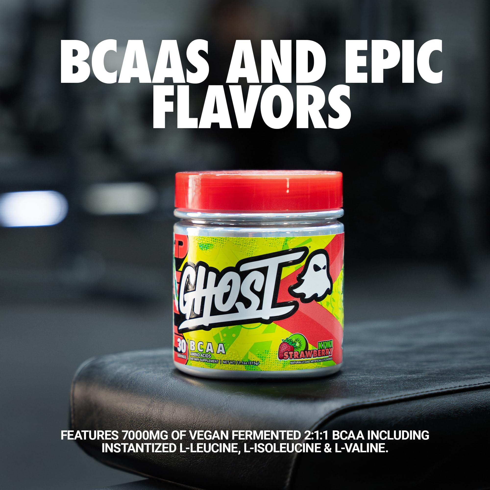 GHOST BCAA powder scoop highlights 7G per serving for workouts.