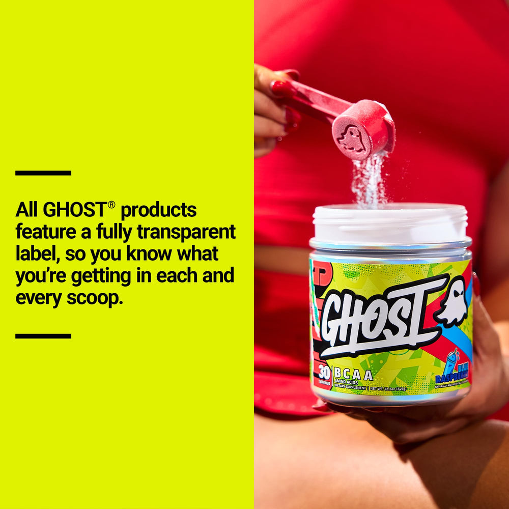 GHOST BCAA Sugar-free label emphasizes zero added sugars