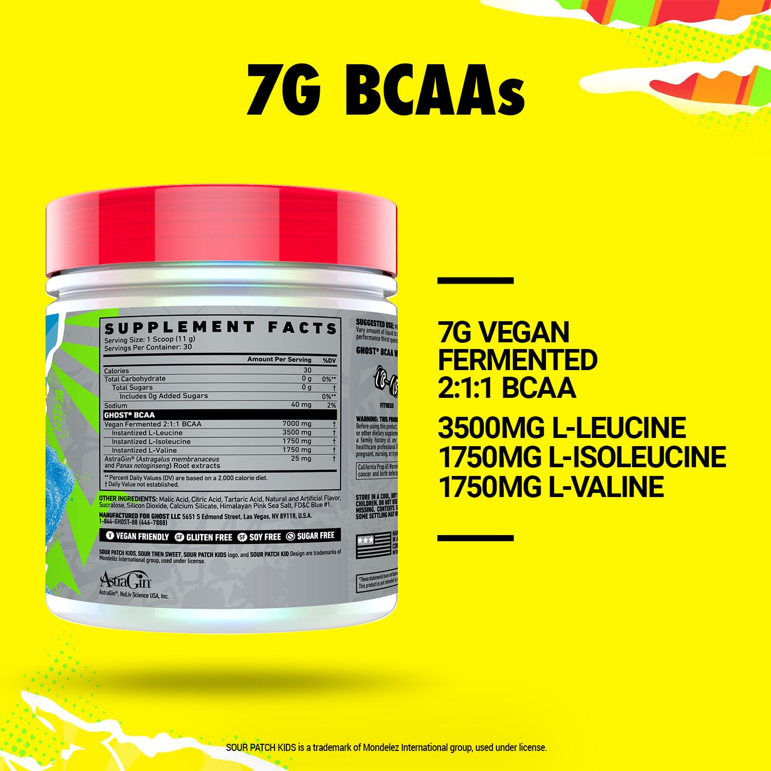 Ghost BCAA powder blue raspberry flavor in a scoop highlighting sugar-free amino support