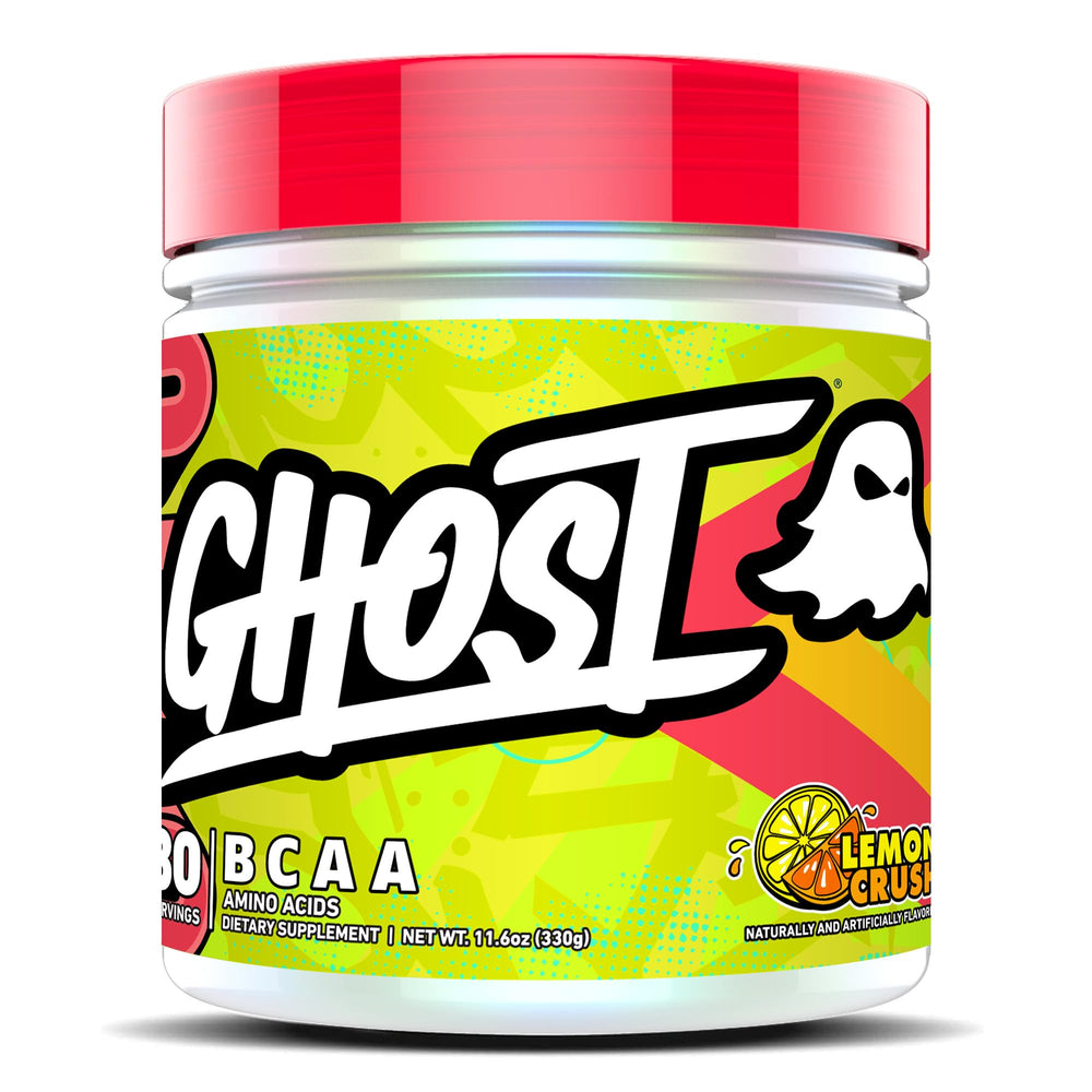 GHOST BCAA Lemon Crush tub showing transparent ingredient disclosure