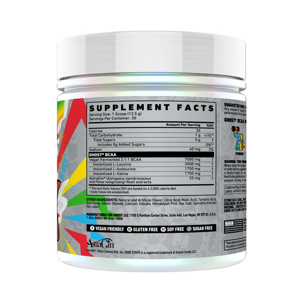 GHOST BCAA Sour Strips scoop-dispense shows 7G BCAAs per serving for recovery