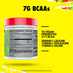 GHOST BCAA Watermelon scoop highlighting 7g BCAAs and vegan-friendly formula.