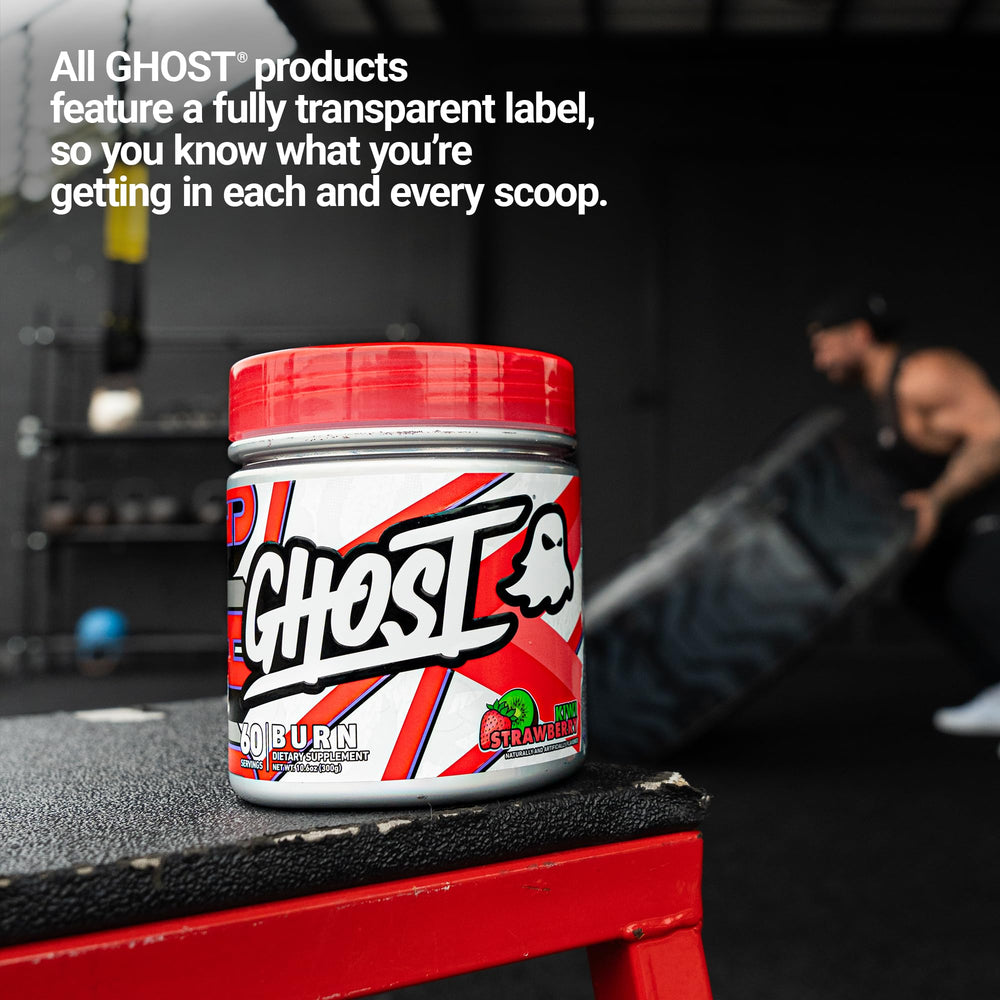 GHOST Burn transparent label detail reinforces dosage clarity and transparency.