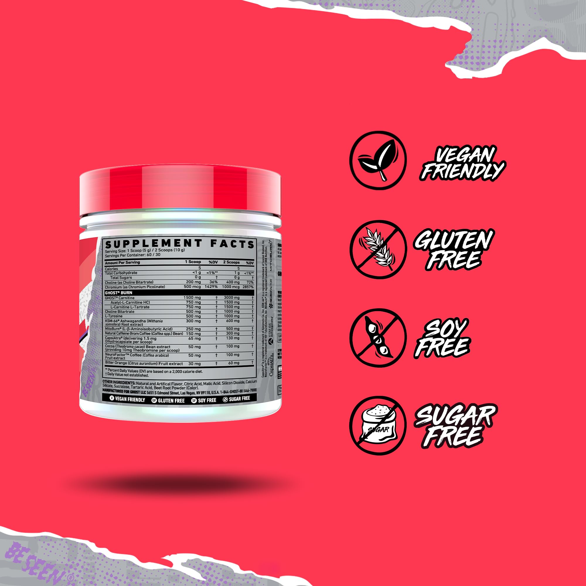 GHOST Burn vegan-friendly icons highlight soy-free and sugar-free energy support.