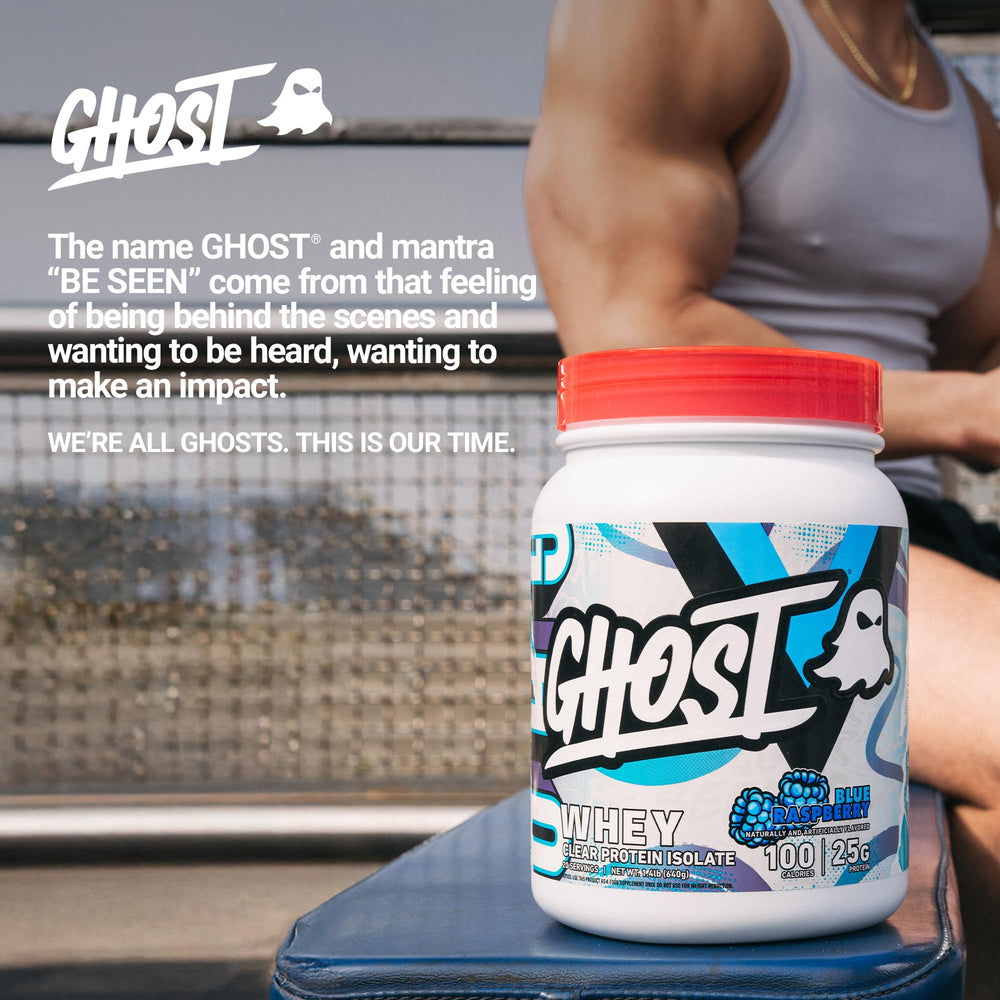 Ghost Clear Whey Isolate Blue Raspberry ingredients label communicates transparent formula.