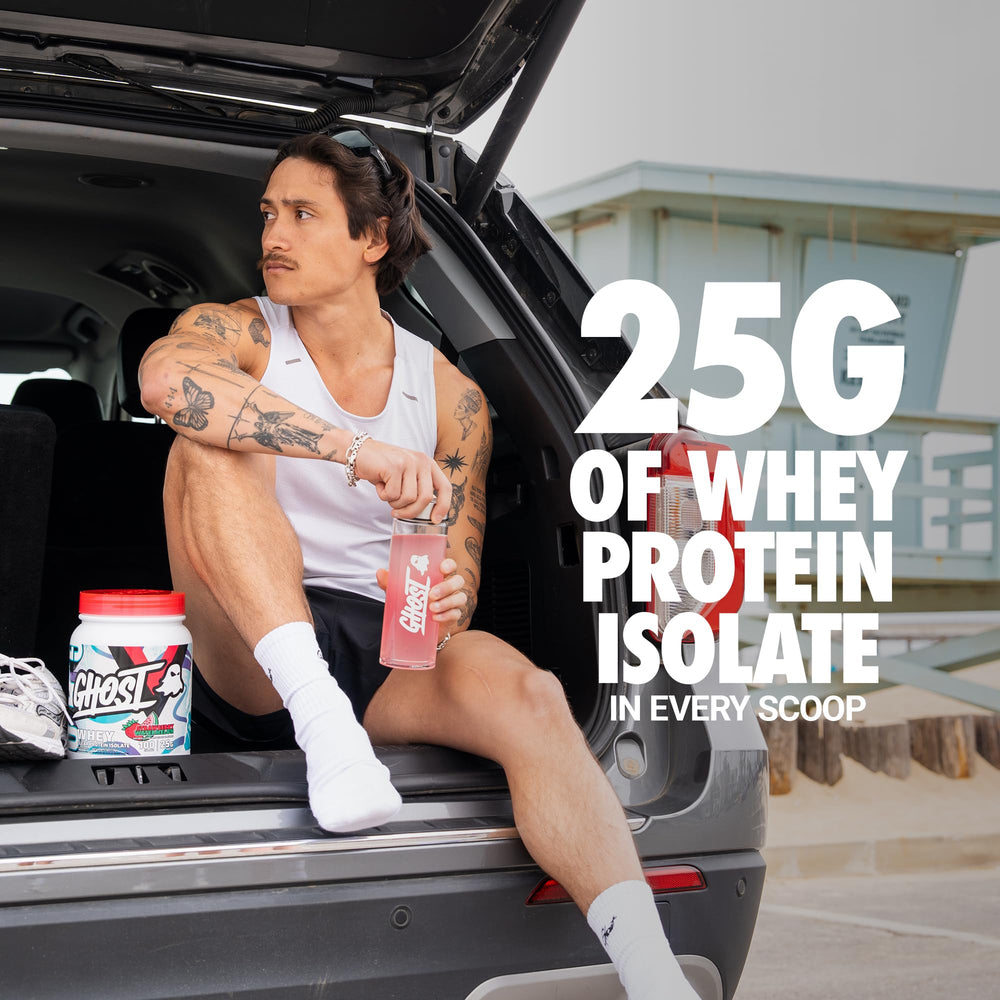 GHOST Clear Whey Isolate shake glass displaying zero fat and zero sugars flavor