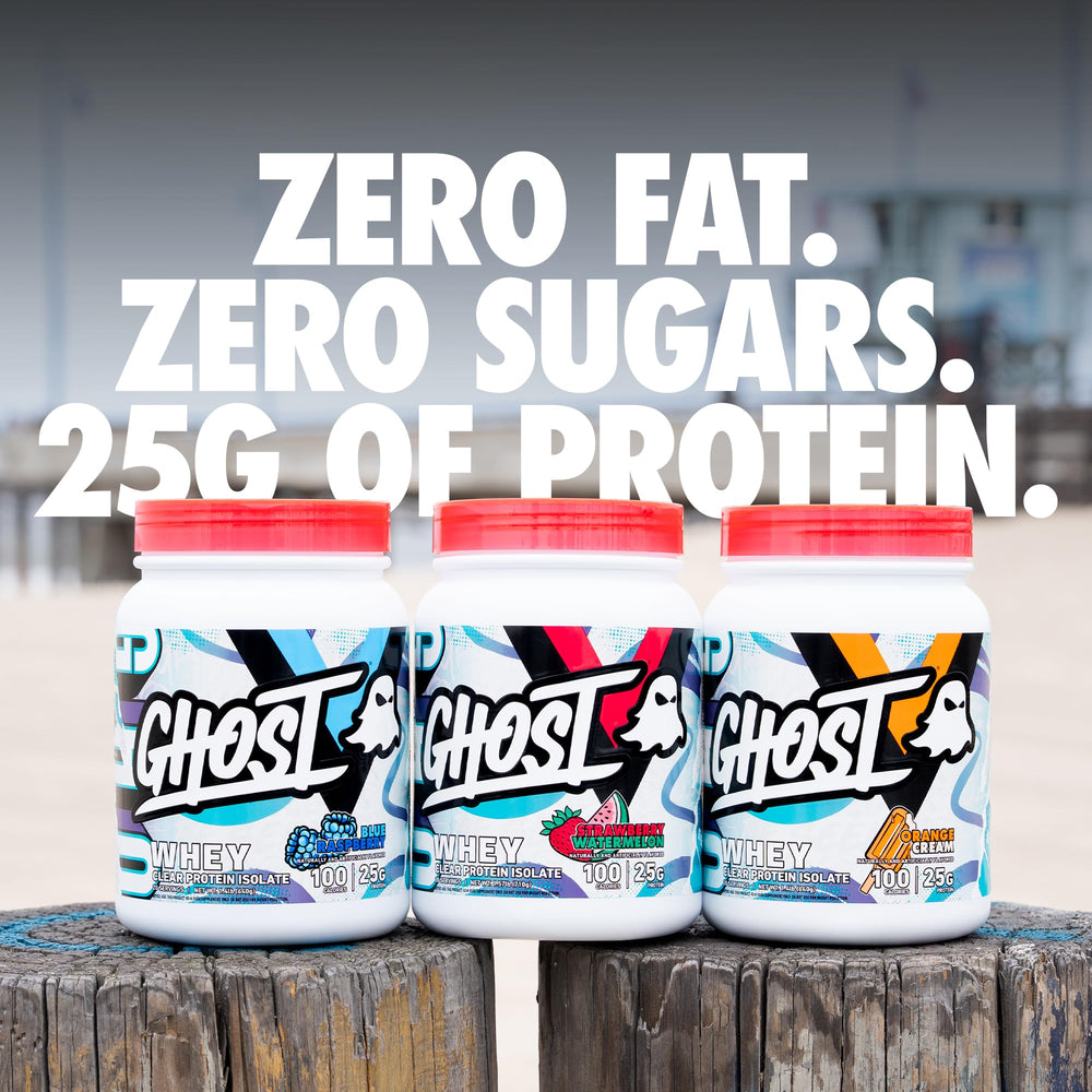 Ghost Clear Whey label highlights 25g protein per serving.