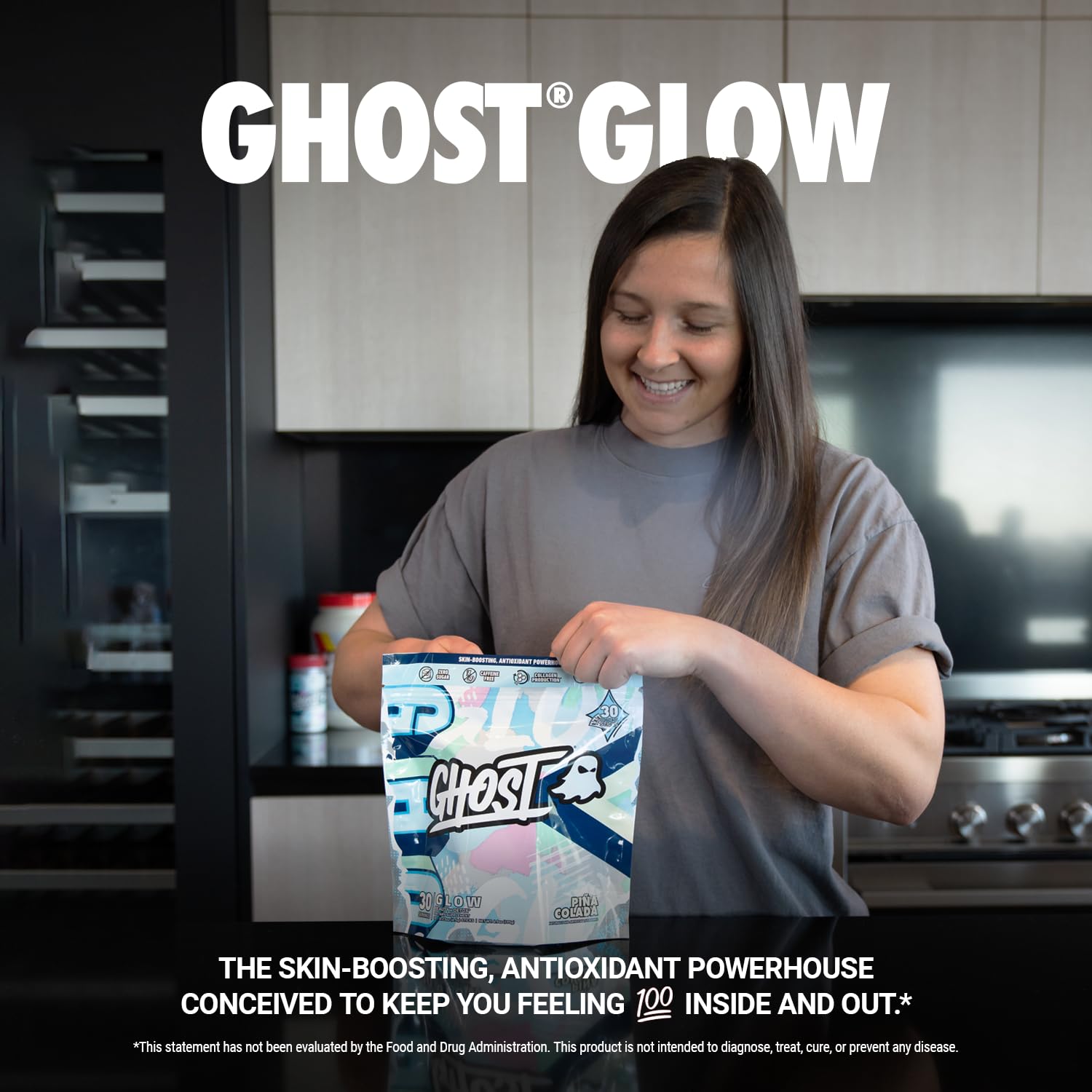 Ghost Glow Stick close-up showing hyaluronic acid for skin hydration.