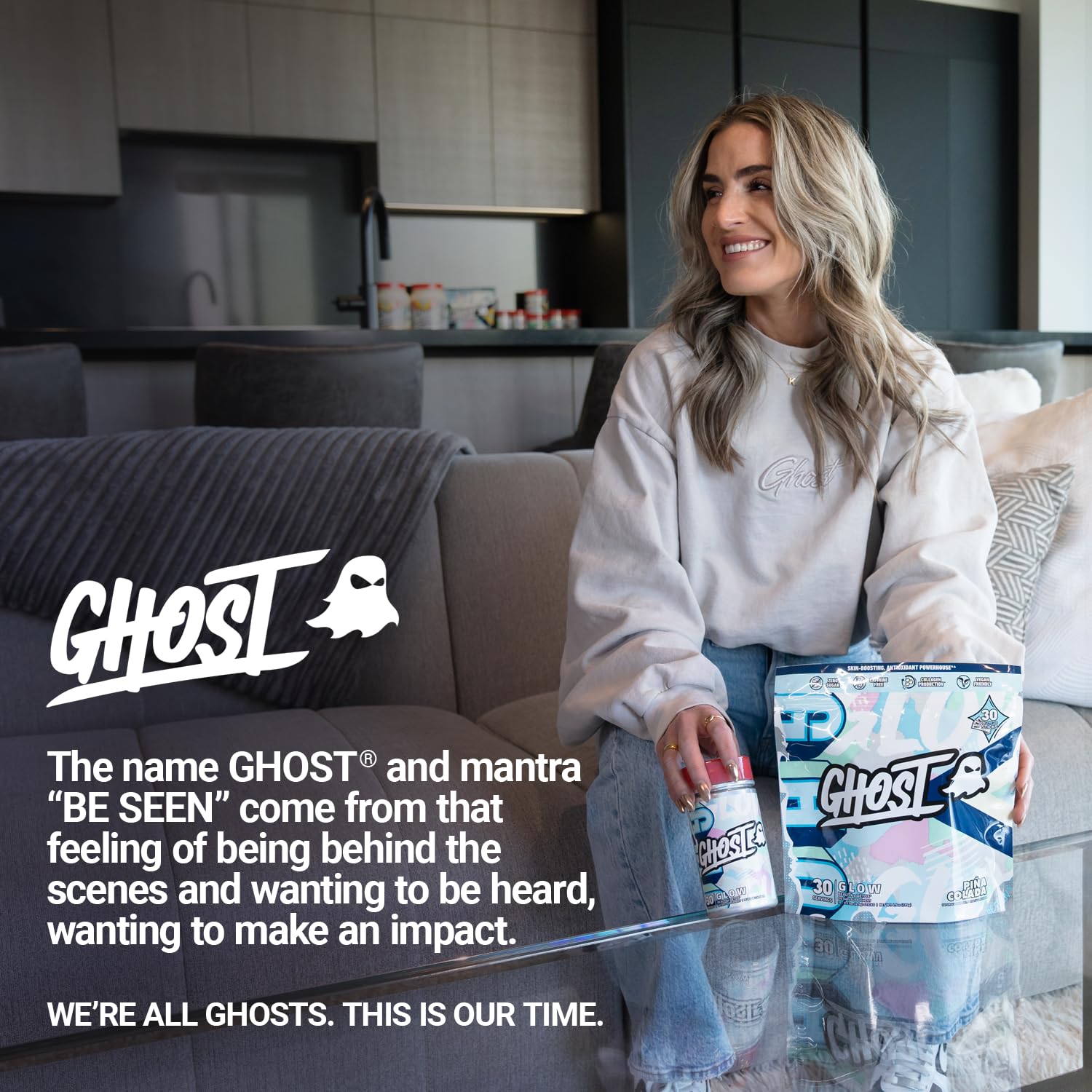 Ghost Glow Stick highlights vegan, caffeine-free, gluten-free attributes.