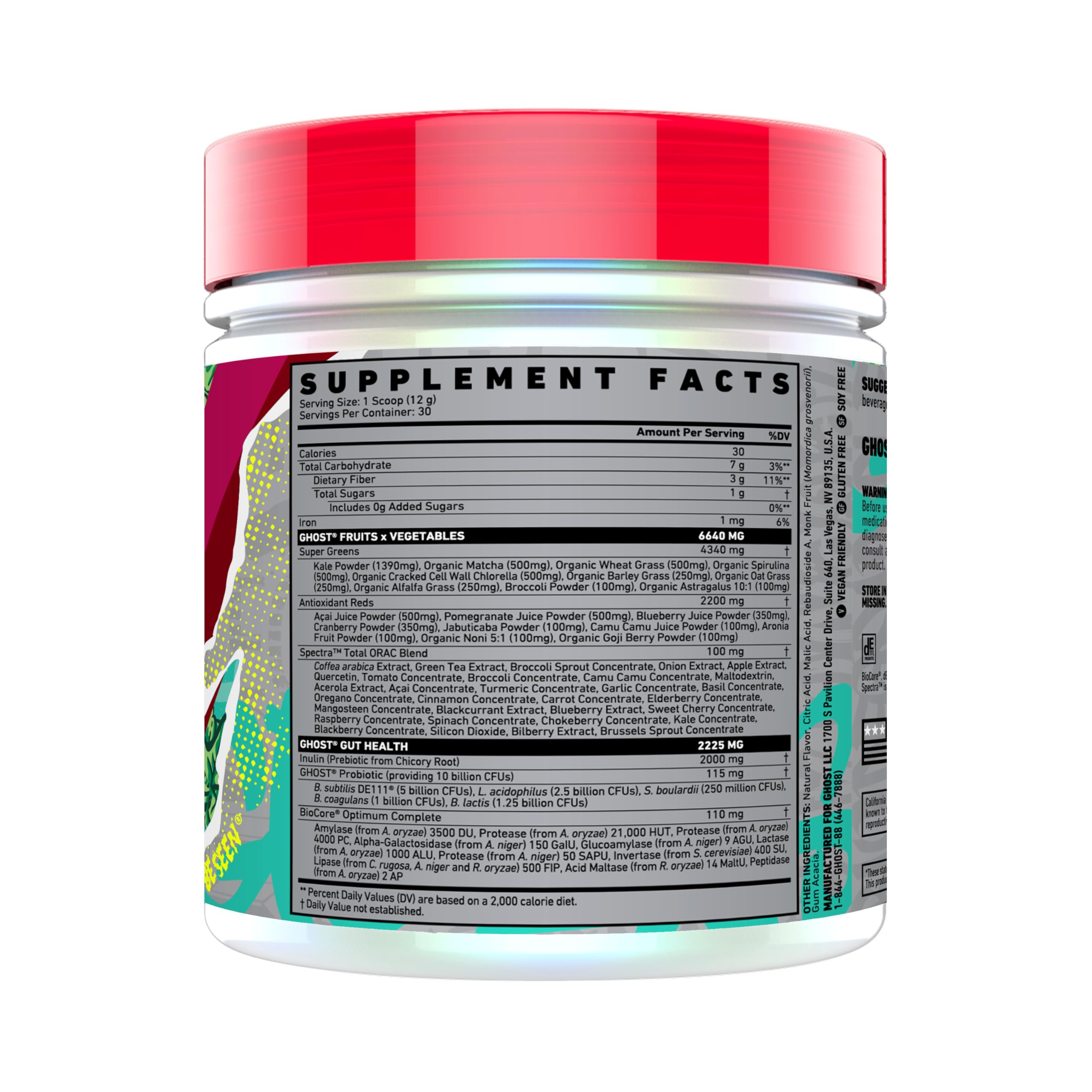 GHOST Greens Cranberry tub ingredients list highlighting probiotic DE111 and enzymes for digestion.