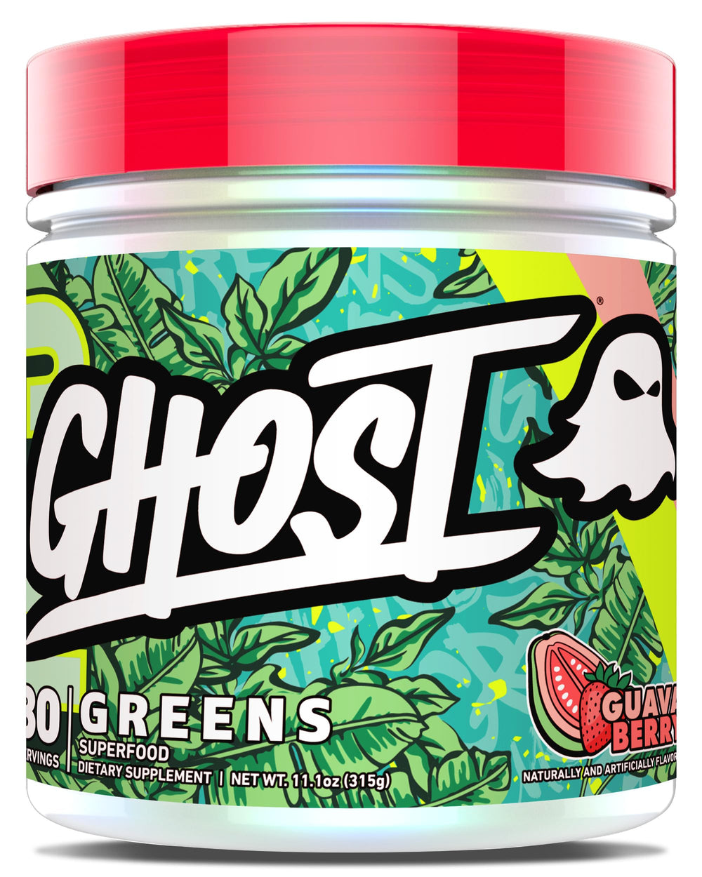 GHOST Greens Guava Berry tub with scoop for easy daily greens and reds intake