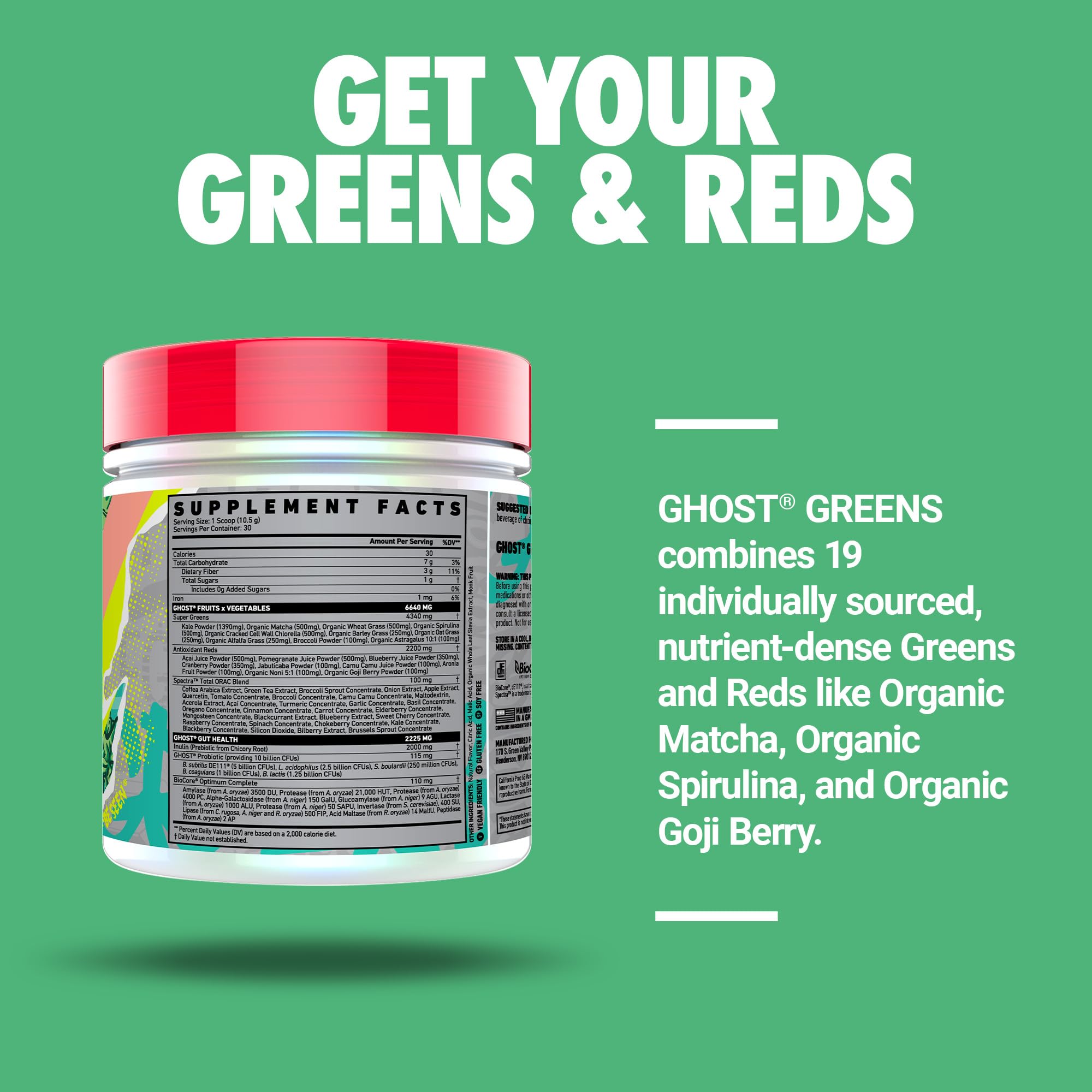 GHOST Greens Guava Berry nutrition label highlighting transparent dosing