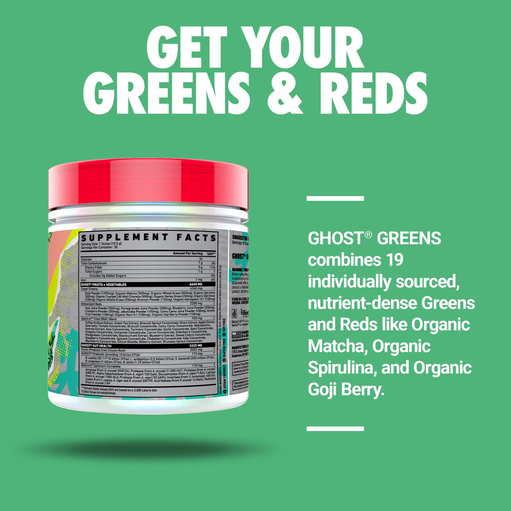 GHOST Greens Guava Berry nutrition label highlighting transparent dosing