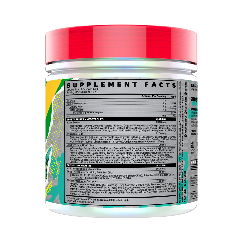 GHOST Greens ingredients panel featuring spirulina and chlorella for nutrient density.