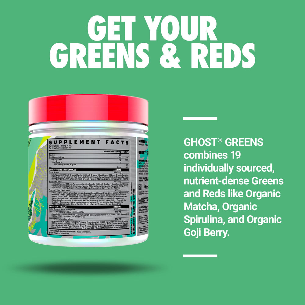 Ghost Greens Original ingredients chart close up, featuring chlorella and spirulina for balance.