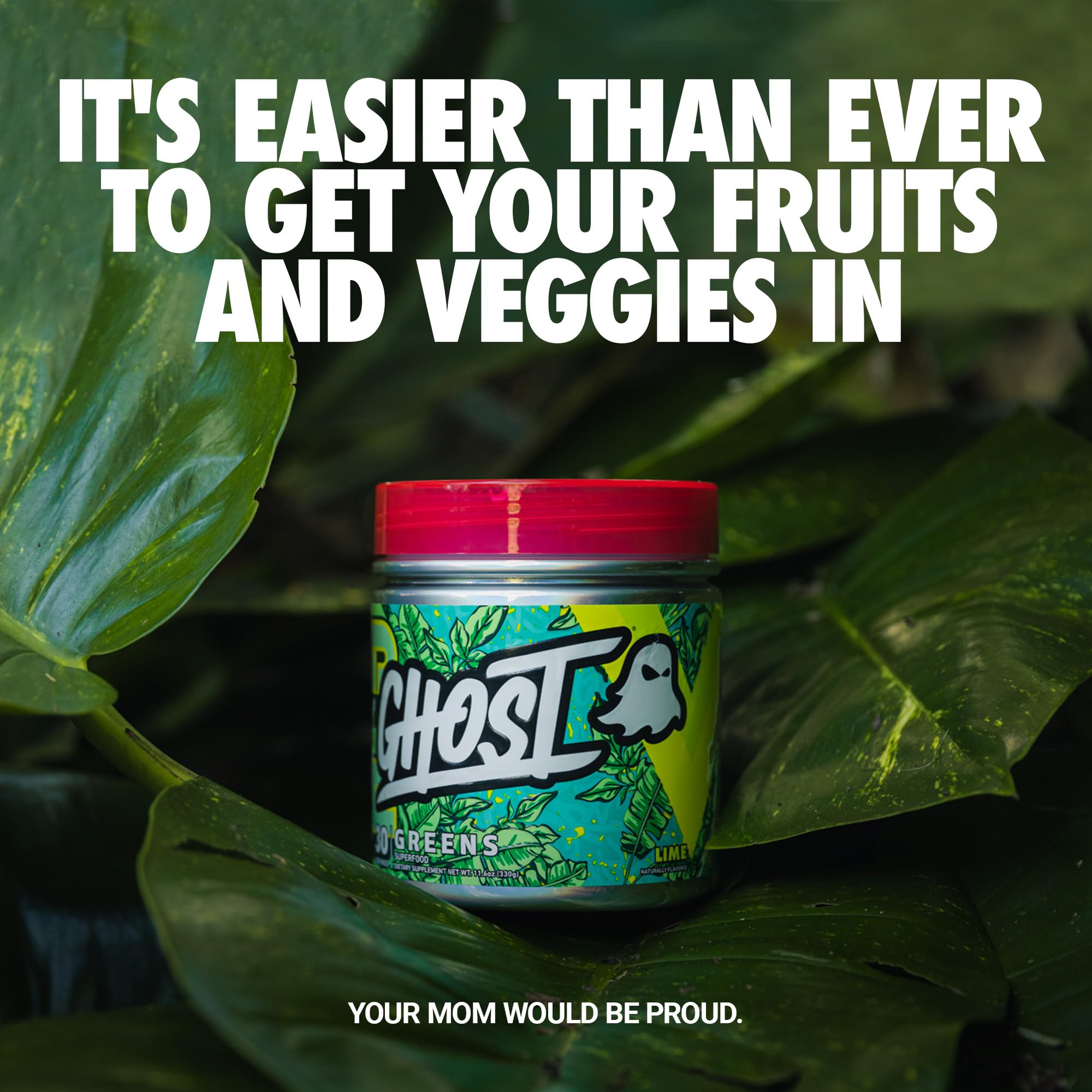 Ghost Greens Original tub with scoop, easy to portion for smoothies.