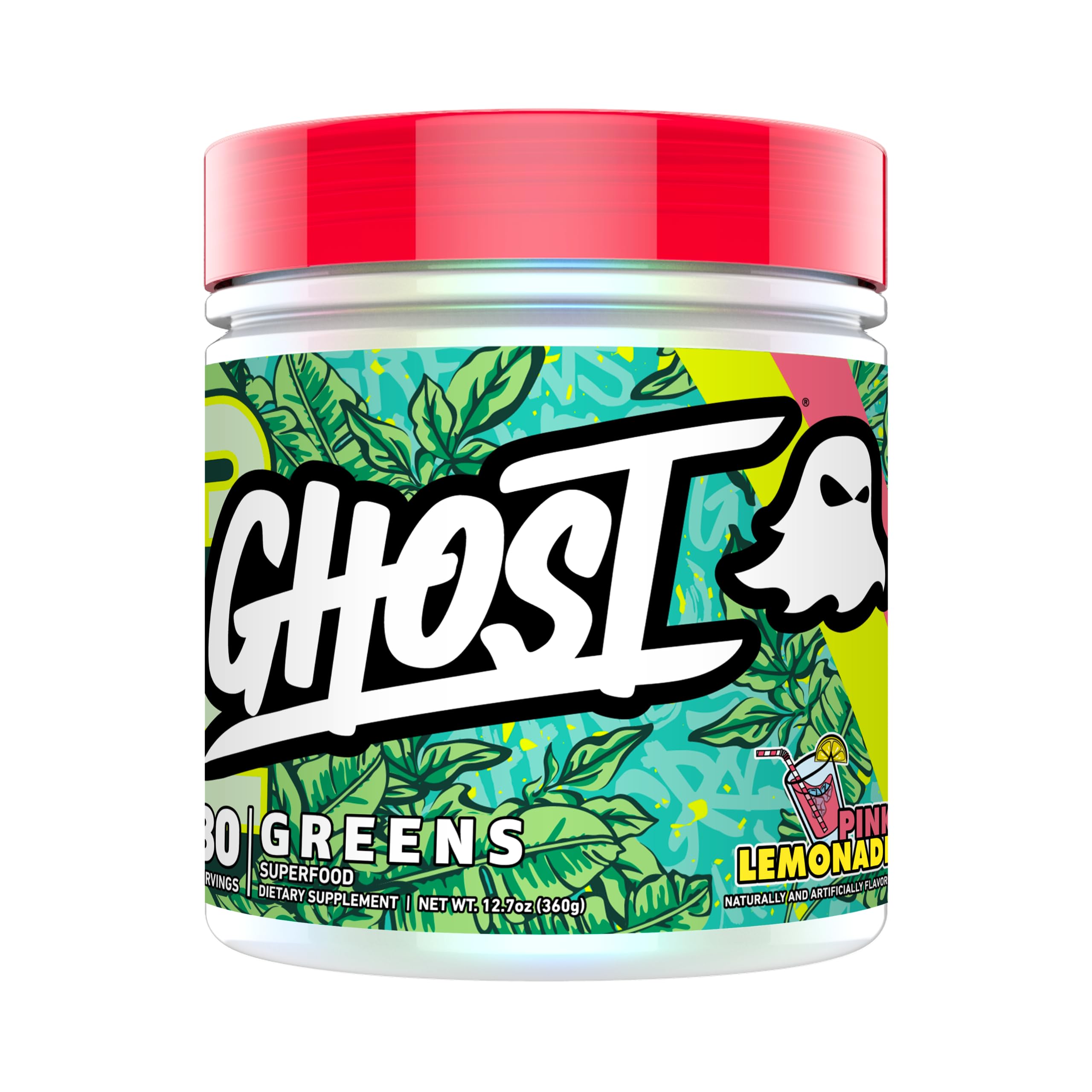 Ghost Greens Pink Lemonade tub label highlighting vegan, gluten-free formula and 30 servings.
