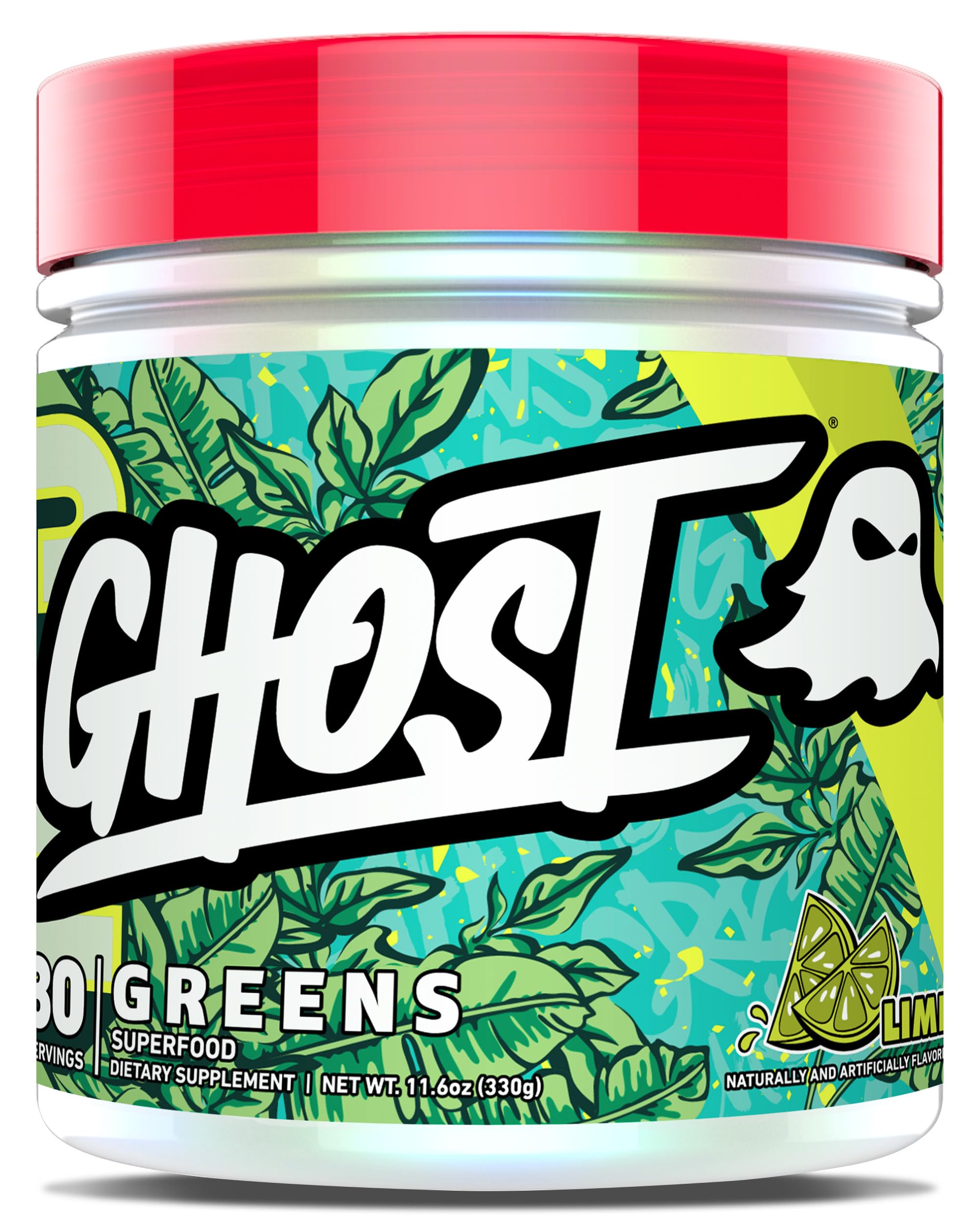 GHOST Greens Lime tub front view with clean label and branding.