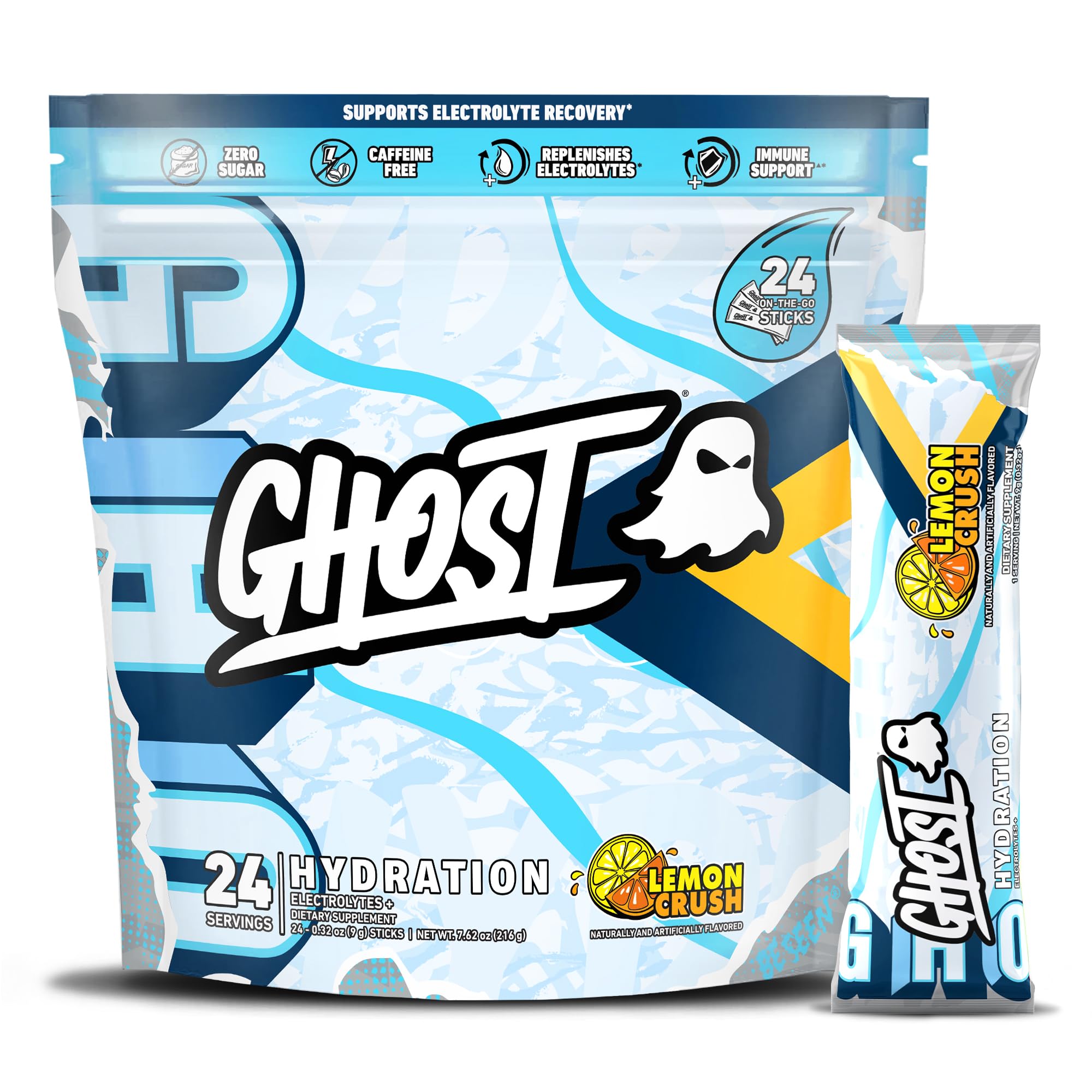 GHOST Hydration Lemon Crush bag front showing electrolyte blend for workouts