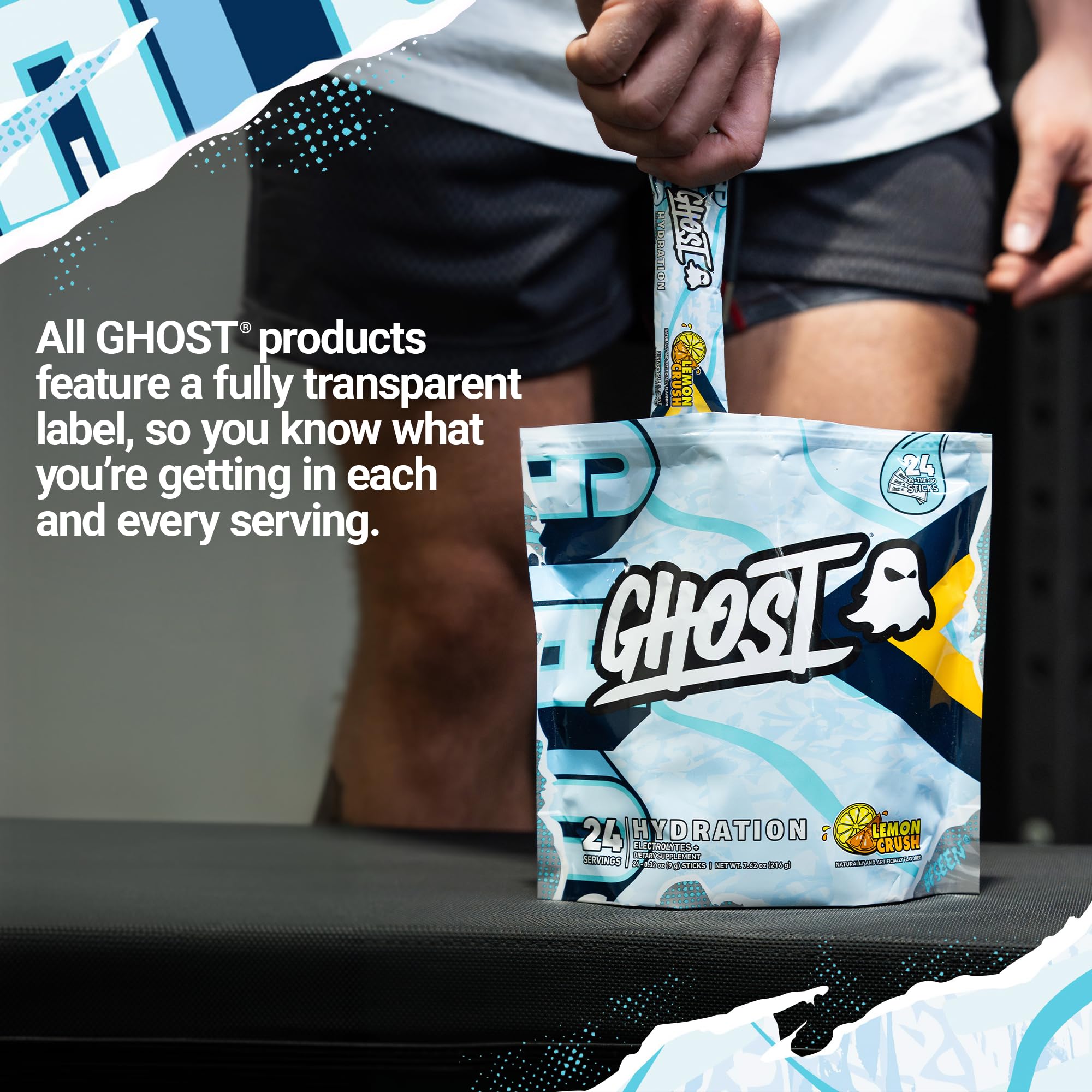 GHOST Hydration Lemon Crush ingredients label highlighting vegan, sugar-free formula