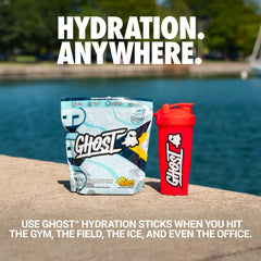 GHOST Hydration Lemon Crush stick dissolving in water for on-the-go hydration