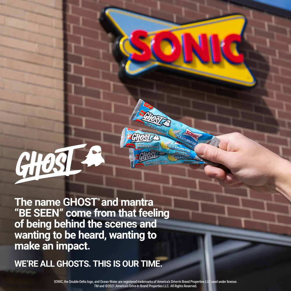 GHOST Hydration packaging highlights vegan and sugar-free formula.
