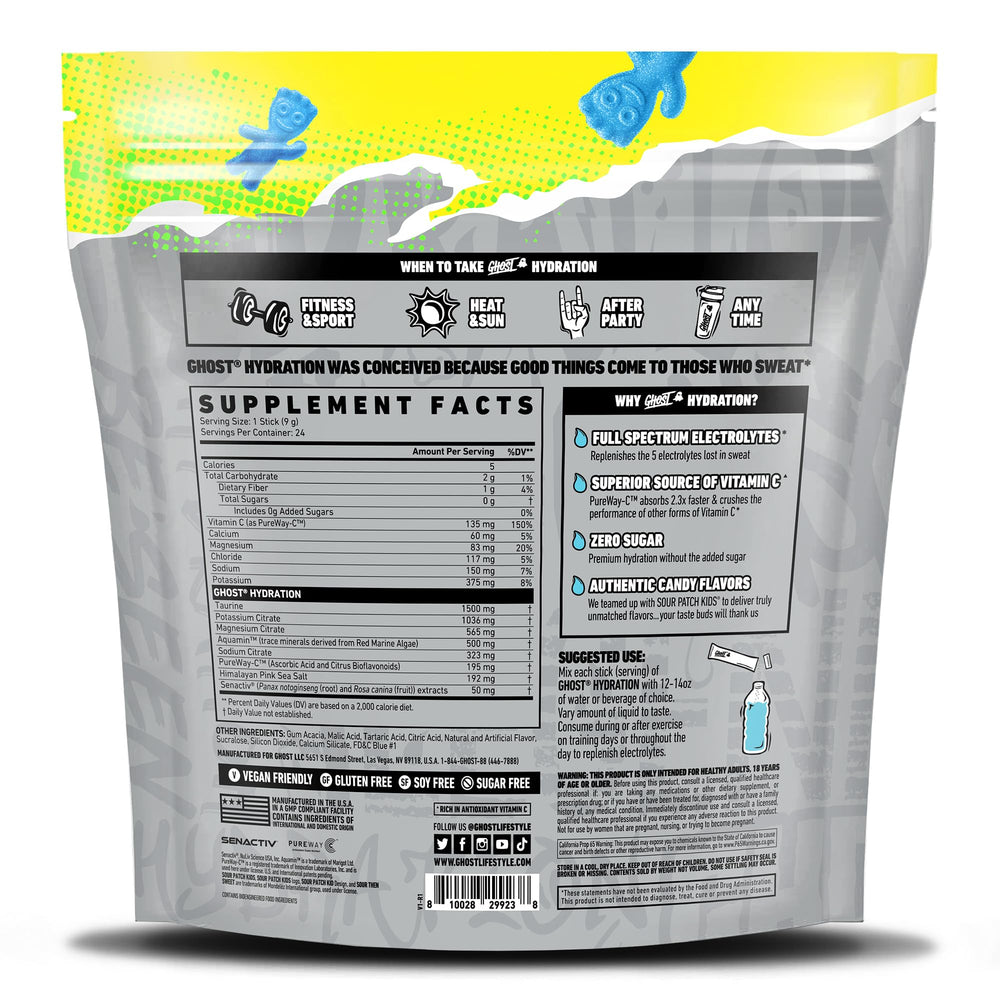 GHOST Hydration Packets label highlights vegan sugar free formula for active days