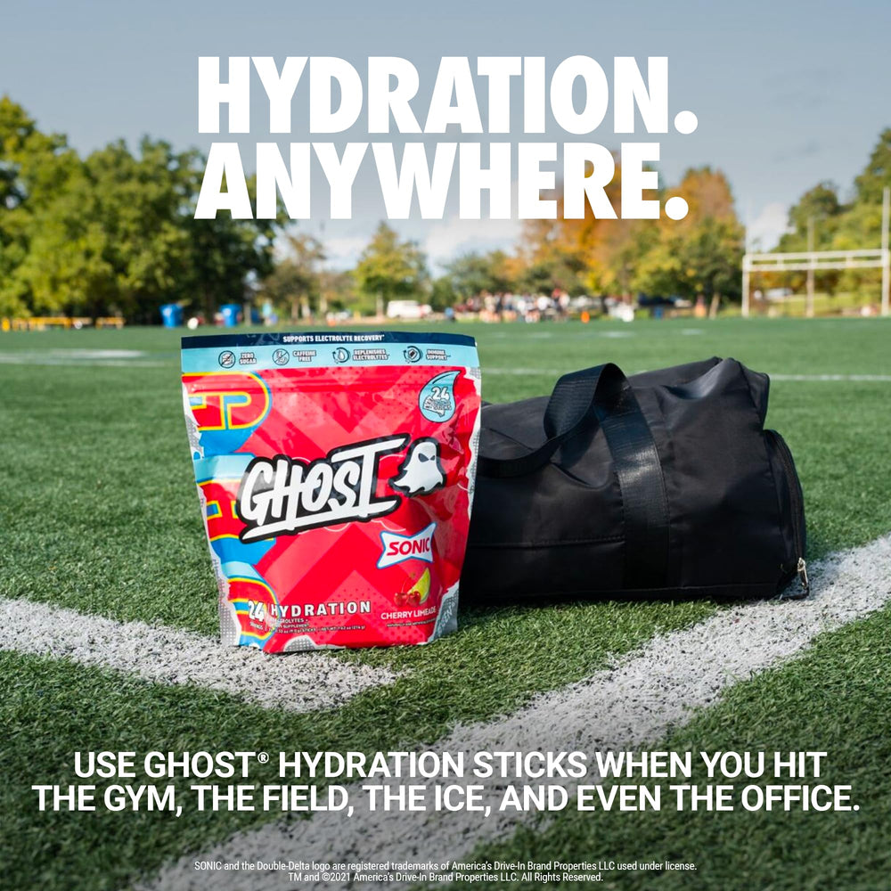 Ghost Hydration sticks beside a shaker, ideal for gym or commute