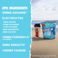 GHOST Hydration transparent ingredients label shows mineral details.
