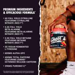 Close-up of GHOST Legend All Out label showing transparent ingredient disclosure.