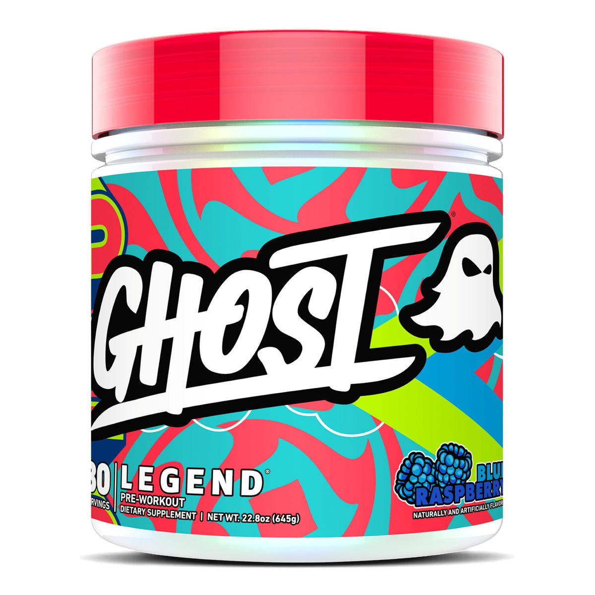 GHOST Legend blue raspberry tub shows a vegan-friendly pre-workout for energy.