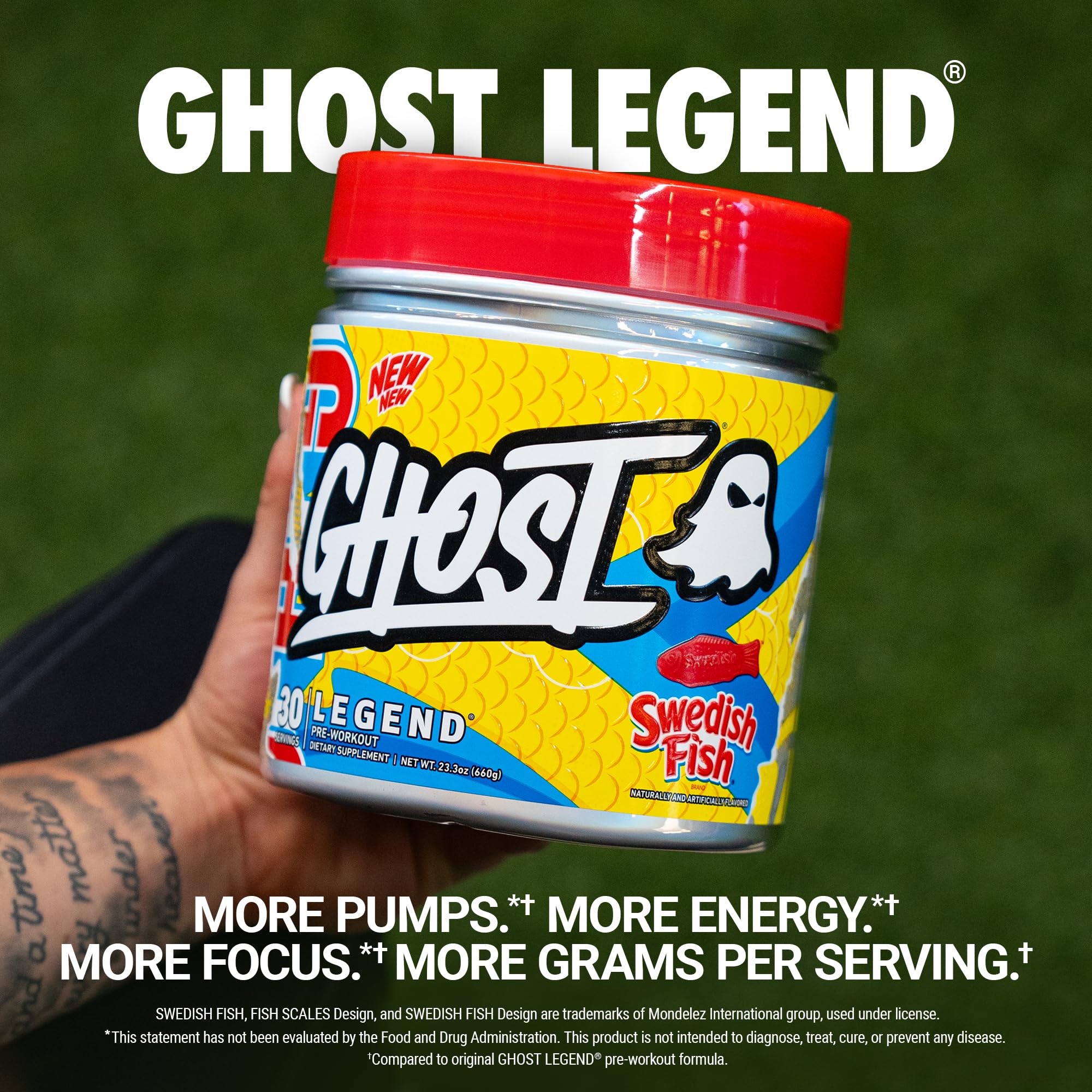 Ghost Legend caffeine and pump graphic highlighting energy support for intense workouts.