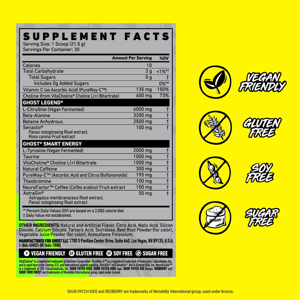 GHOST Legend powder bottle with redberry label emphasizes transparent ingredient disclosure.