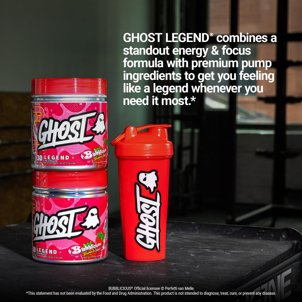 Ghost Legend powder pouring into a glass for a refreshing pre-workout mix.