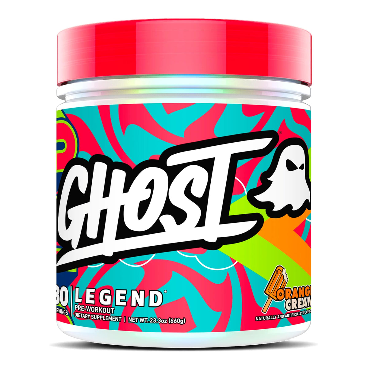 Ghost Legend orange cream pre-workout tub front view highlighting energy-boosting formula
