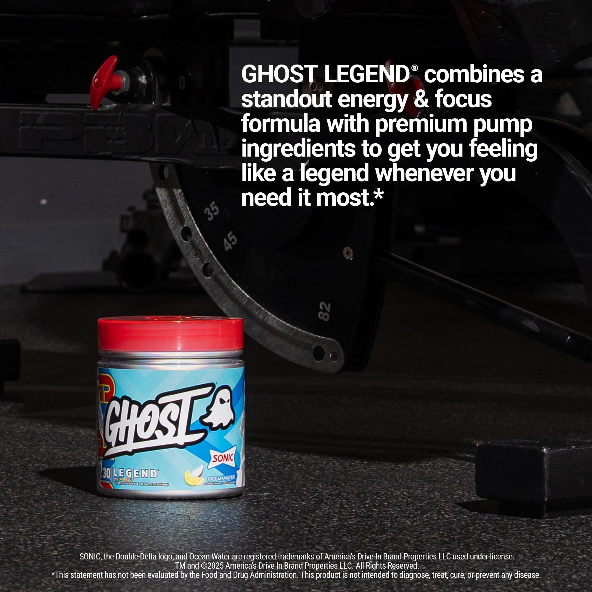 GHOST Legend Sonic Ocean Water flavor label for a cooling gym refreshment.