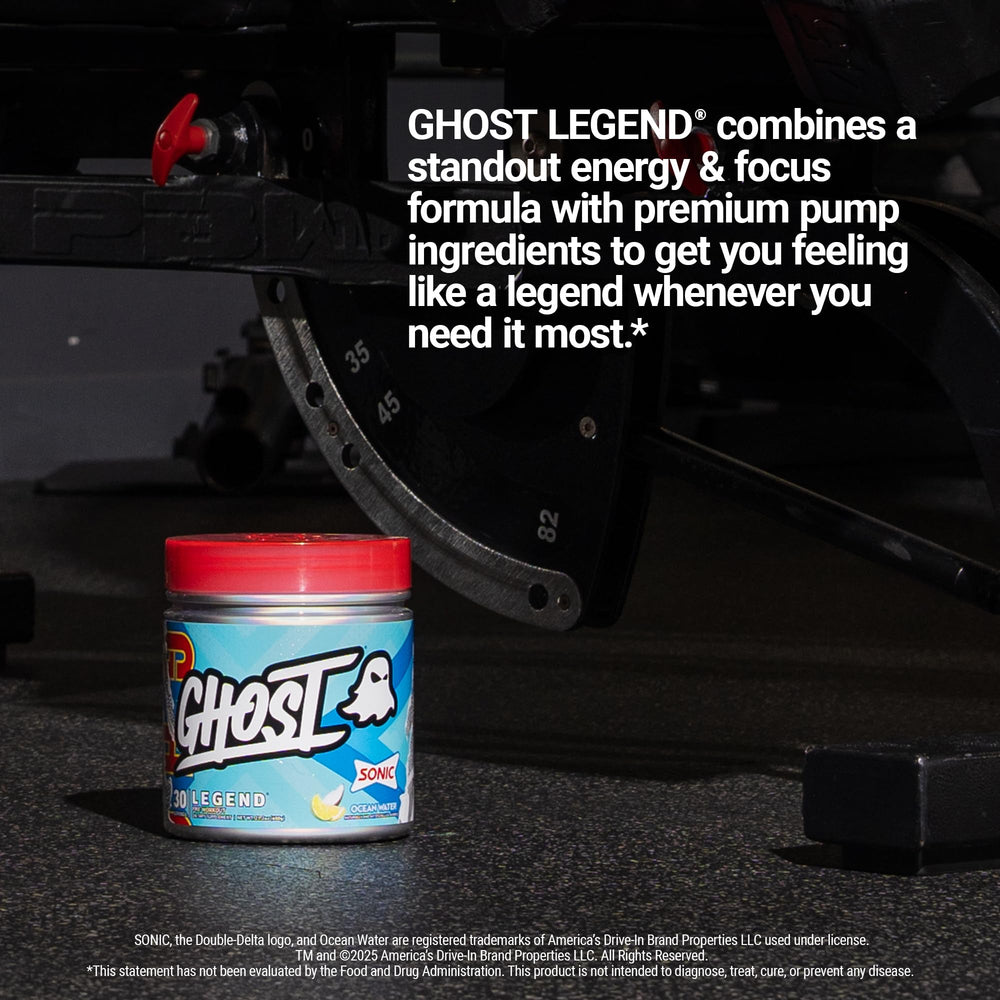 GHOST Legend Sonic Ocean Water flavor label for a cooling gym refreshment.