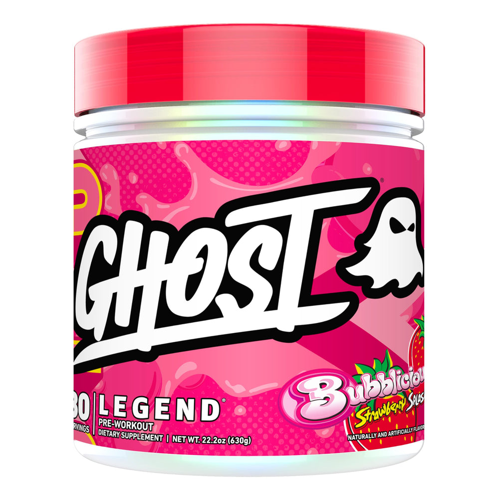 Ghost Legend pre-workout powder tub Bubblicious Strawberry Splash for energizing workouts.