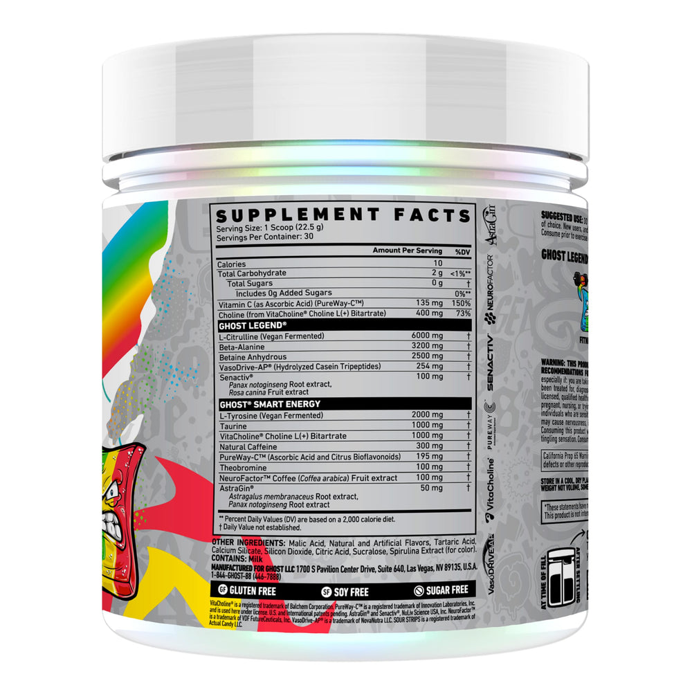 GHOST Legend Pre-Workout Sour Strips packaging label highlights energy and focus benefits.