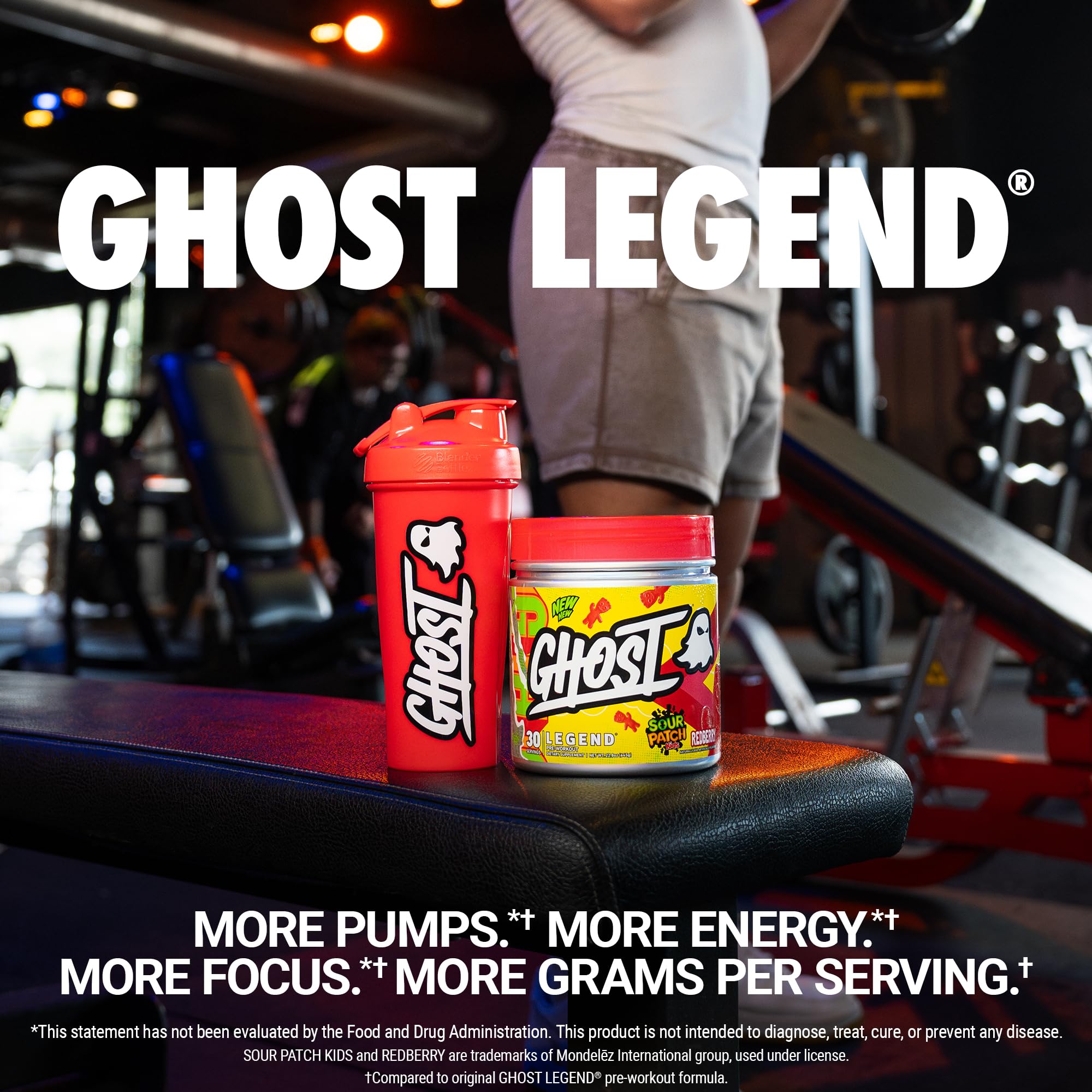 GHOST Legend redberry scoop beside the tub highlights precise dosage and vegan formula.